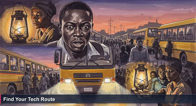 A chaotic Lagos danfo bus stop at dusk, with commuters choosing between buses, symbolizing the critical decision of selecting an AI bootcamp in Nigeria's tech scene.