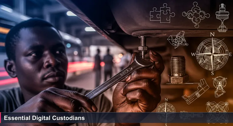 Close-up of a mechanic's greasy hands securing a bolt under a danfo bus in a bustling Lagos garage at dusk, symbolizing cybersecurity professionals as unseen protectors.
