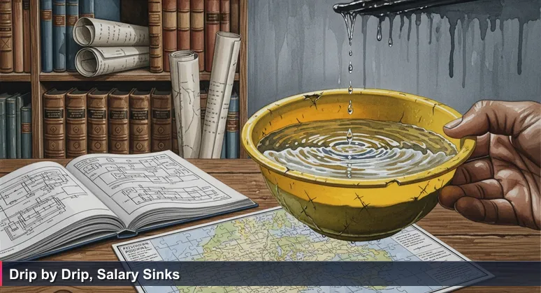 A hand in Lagos holding a plastic bowl under a leaking ceiling during heavy rain, symbolizing financial pressure on tech salaries in Nigeria.