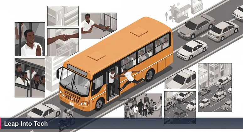 A Danfo bus in Lagos traffic with open door, conductor reaching out to pull a sprinting person aboard, symbolizing accessible tech training opportunities.