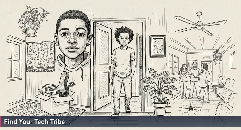 A founder in Lagos evaluates a tech coworking space, standing at the threshold with a mix of hope and scrutiny, representing the search for the right startup community.