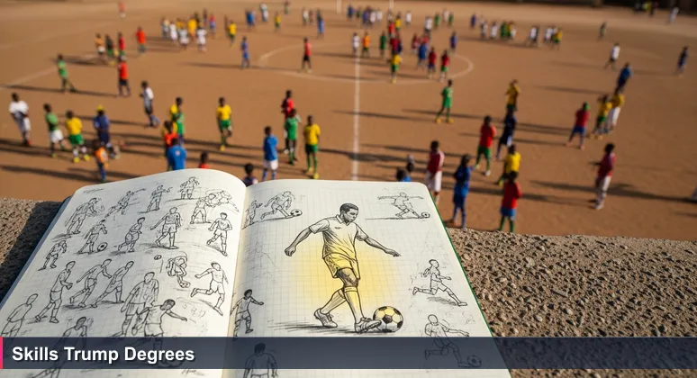 A crowded football trial in Agege, Lagos, with a scout focusing on a player's first touch, symbolizing skills-first tech hiring in Nigeria's job market.