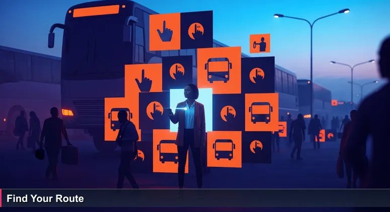 A woman strategically navigating a bustling Lagos BRT park at dusk, with buses labeled Yaba, VI, Ikeja, and Surulere, symbolizing the tech career path.