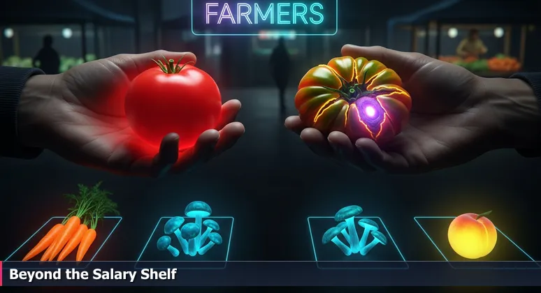 Close-up of hands at Baltimore's Waverly farmers market choosing between two heirloom tomatoes, symbolizing tech compensation decisions.