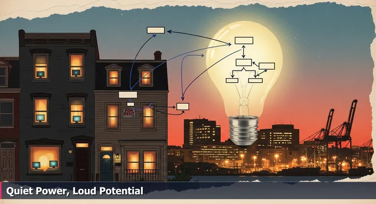 A Baltimore row house at dusk with a tech worker inside on computers, a for rent sign nearby, and the city's port and hospital in the background.