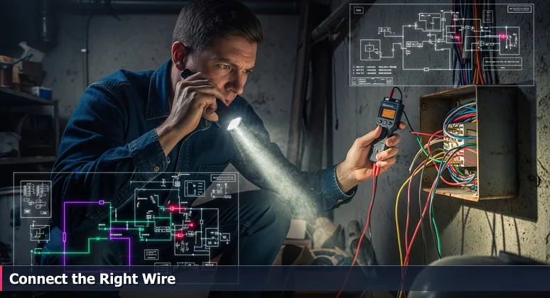 A person crouching in a dim basement, holding a flashlight in mouth, staring at tangled colored wires from an old junction box with a circuit tester.