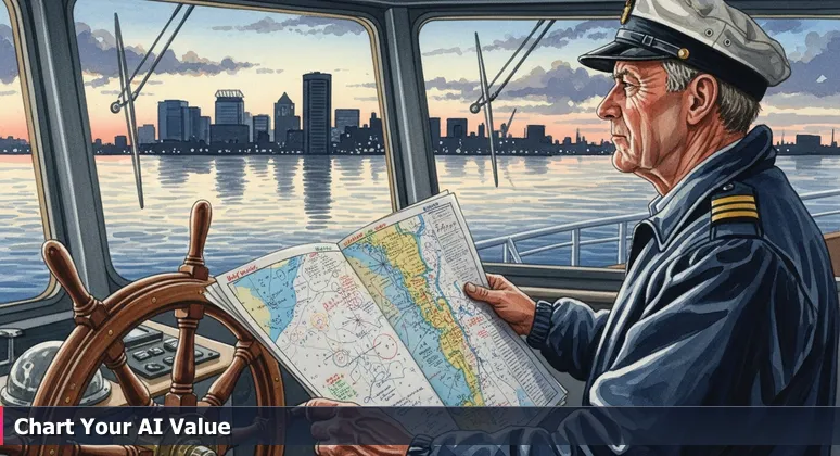 A harbor pilot steering a ship into Baltimore port at dawn, holding an annotated chart with 2026 AI salary data.