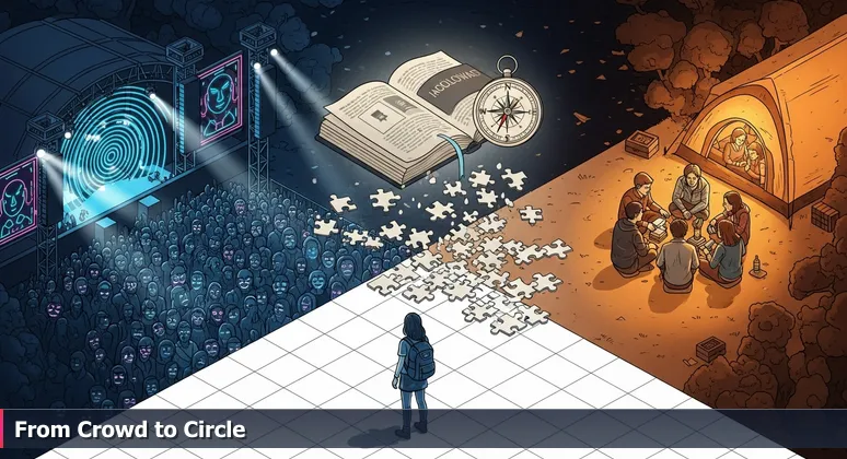 A solitary figure at a crowded festival gazes toward a small, warmly lit tent where a group is engaged in conversation, symbolizing the journey from overwhelming crowds to intimate AI networking in Baltimore.