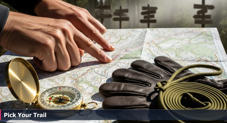 A close-up of hands holding a topographic map and compass at a trailhead, symbolizing career path choices in Baltimore's tech ecosystem for 2026.