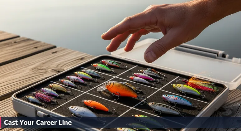 A weathered hand poised over an open tackle box on a Chesapeake Bay dock at sunrise, with lures representing AI bootcamp choices for Baltimore's tech ecosystem.
