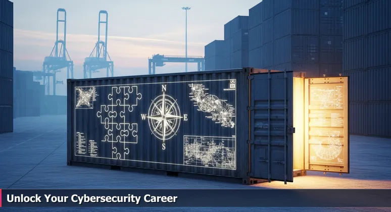 A frost-covered shipping container with a secure lock at the Port of Baltimore at dawn, symbolizing cybersecurity job opportunities in the city for 2026.