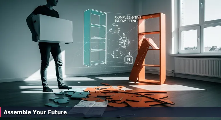 A person holding a flat-pack furniture box in an apartment with a half-assembled, wobbly bookshelf on the floor, symbolizing the challenge of building a stable life.