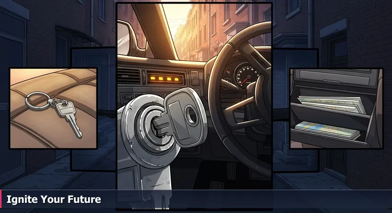 Close-up of a car ignition key turning in a Baltimore alley, dashboard lights glowing, symbolizing free tech training igniting careers.