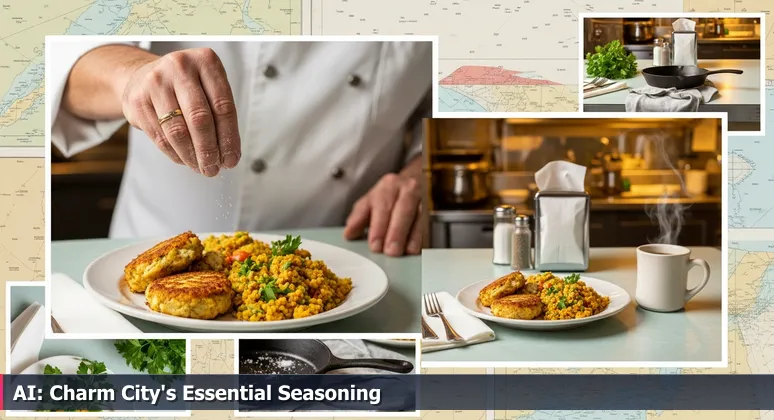 A chef's hand carefully seasoning a fusion dish in a Baltimore diner, with crab cakes and modern elements, representing AI's transformative role in local industries.