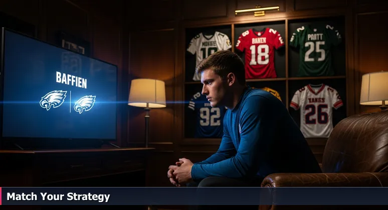 A tech founder in a dark room looks at a screen displaying logos of Baltimore's top incubators, with jerseys representing different tech spaces in the background.