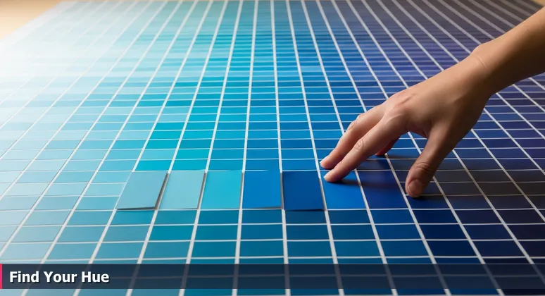 A person's hand hovering over a grid of blue paint swatches in a store, representing the choice of startup jobs for junior developers in Baltimore.