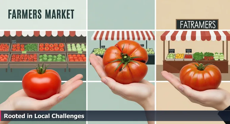 Close-up of hands at Fairfield Farmers Market comparing a glossy tomato and an imperfect tomato with soil, symbolizing the choice between hype and locally-rooted AI startups.
