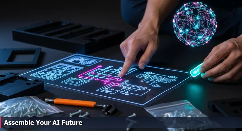 Frustrated individual points at an abstract IKEA assembly manual diagram with scattered furniture parts, symbolizing the confusion of starting an AI career without a clear blueprint in Fairfield, CA.
