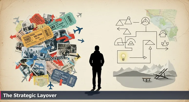 A traveler at a modern airport connector terminal viewing departure boards for direct and connecting flights, symbolizing Fairfield as a strategic tech career hub between San Francisco and Sacramento.