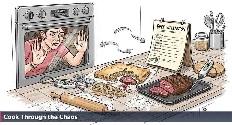A chaotic kitchen scene with a Beef Wellington recipe, flour on the floor, torn pastry, and a determined cook staring at the oven, symbolizing the AI engineering journey.