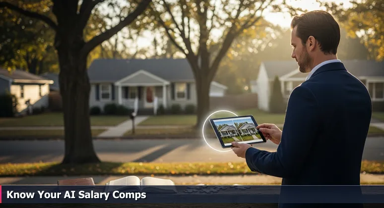 A real estate appraiser in Fairfield, CA, holding a tablet that shows contrasting home prices for Solano County and San Francisco, symbolizing salary comparisons.