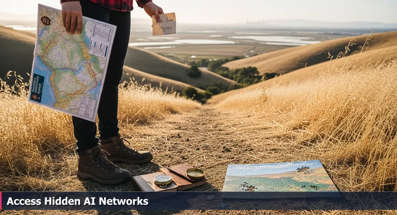 A hiker at a Fairfield trailhead holds a map and a note pointing to an unmarked path with views of Suisun Marsh and the Bay Area skyline, symbolizing AI networking insights.