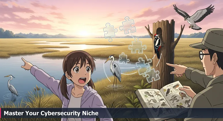 Illustration of a varied landscape with a tourist pointing at a generic bird and a naturalist identifying specific birds like heron, woodpecker, and hawk, symbolizing cybersecurity specialization in Fairfield.