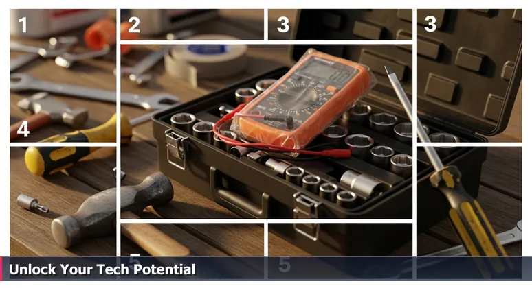 Close-up of a cluttered toolbox on a garage workbench, symbolizing the scattered yet valuable free tech training resources available in Fairfield, California.