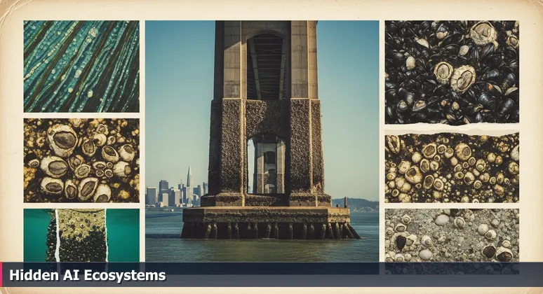 Close-up of a concrete bridge pylon in San Francisco Bay covered in mussels and barnacles, with a blurred city skyline in the background, symbolizing hidden AI job opportunities in Fairfield, CA.