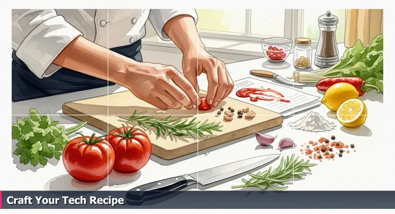 Chef's hands in a test kitchen arranging vibrant ingredients, symbolizing the curation of tech workspaces for innovation in Fairfield, California.