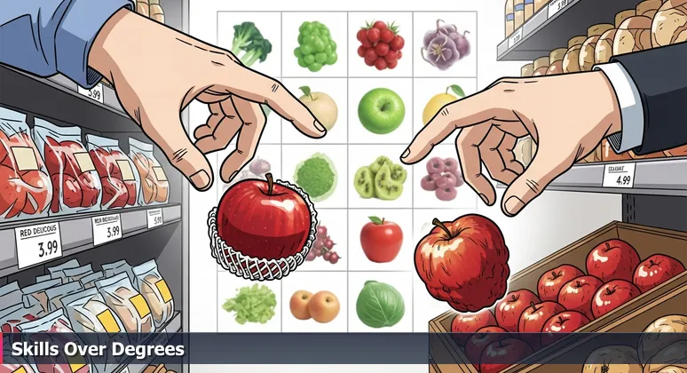 A hand hesitating between a glossy perfect apple and a rustic imperfect apple in a grocery aisle, symbolizing the choice between degree-based and skills-based tech careers in Fairfield, CA.