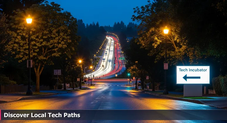 A peaceful Fairfield street at dusk with a tech incubator sign, contrasting with distant congested highway lights toward San Francisco.