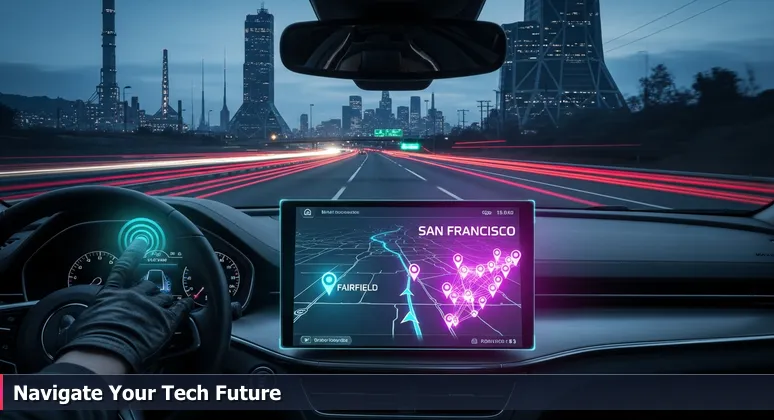 A driver's view on Interstate 80 at dusk, with GPS screen showing route options to Fairfield and San Francisco, symbolizing career navigation choices for women in tech professionals.