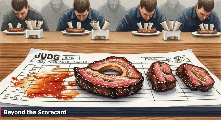 Close-up of a barbecue judge's scorecard with sauce smudges and circled numbers, representing the ranking of tech salaries in Lawrence, KS.