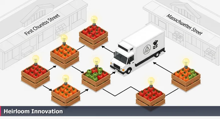 Sunrise at Lawrence Farmers' Market with heirloom tomatoes and a Kansas City restaurant truck, symbolizing local tech value feeding regional growth.