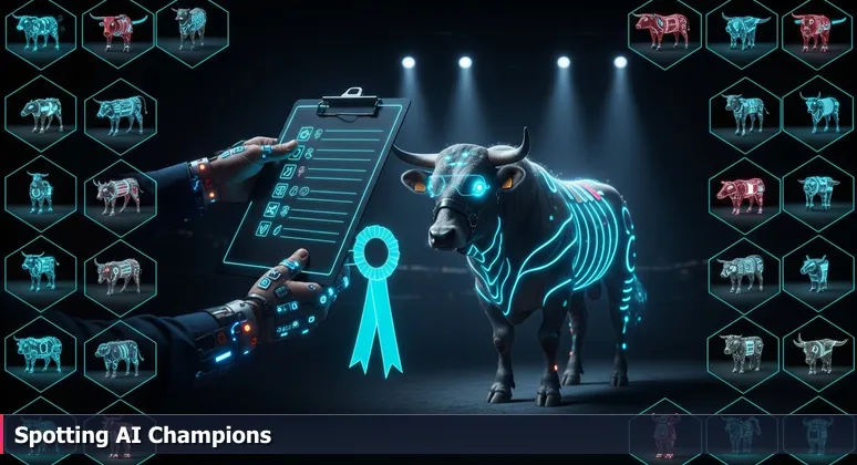 Judge's weathered hands holding a clipboard at a Kansas county fair, with a young bull in background, symbolizing evaluation of AI startups in Lawrence.