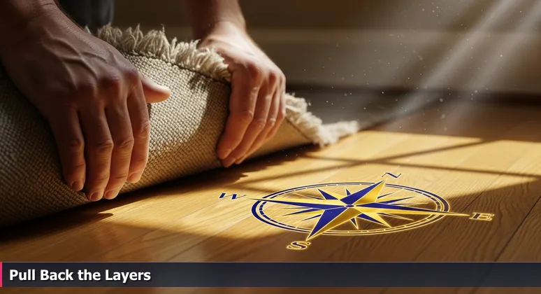 Close-up of hands pulling back old carpet to reveal beautiful hardwood floors in a Lawrence home, symbolizing uncovering hidden funding opportunities for tech training.