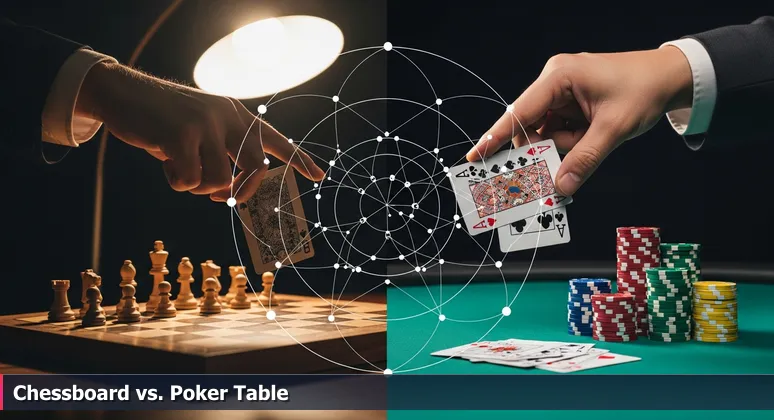 A hand hovering between a chessboard and a poker table, symbolizing the choice between stable institutional AI jobs and high-risk, high-reward tech roles in Lawrence, Kansas.