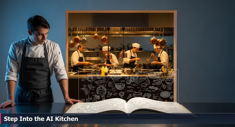 A solitary figure in a quiet kitchen reads a cookbook, while through an open door, a vibrant restaurant kitchen buzzes with chefs collaborating.
