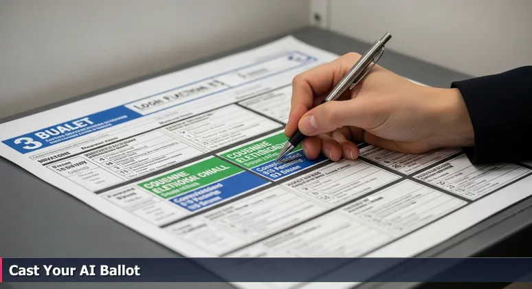 A person's hand holding a pen over a detailed election ballot in a voting booth, symbolizing the choice of AI engineering careers in Lawrence, Kansas.