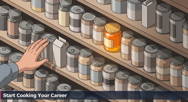 A hand pauses over unlabeled food items in a pantry, symbolizing the challenge of choosing the right tech career path in Lawrence, Kansas.