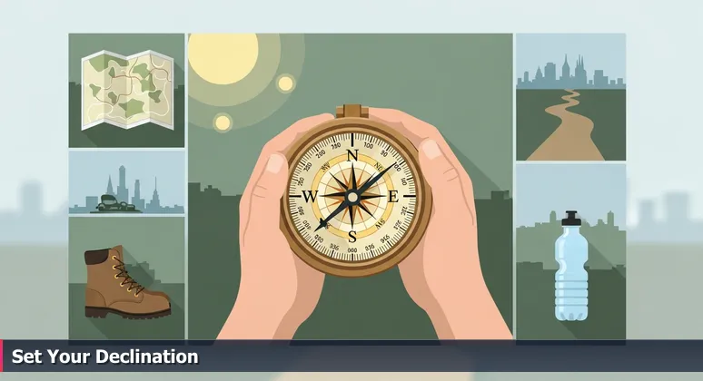 Hands adjusting a vintage compass in a sunlit field with Lawrence, Kansas cityscape in the background, symbolizing career path calibration for tech bootcamp choices.