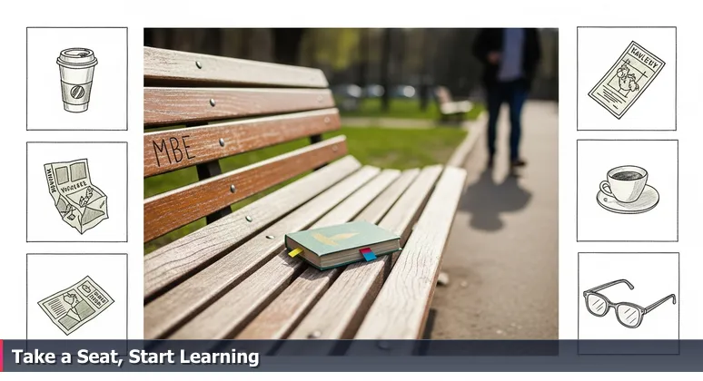 A weathered wooden bench in South Park, Lawrence, with a library book marked 'FREE TECH WORKSHOPS' and a person hesitating in the background.