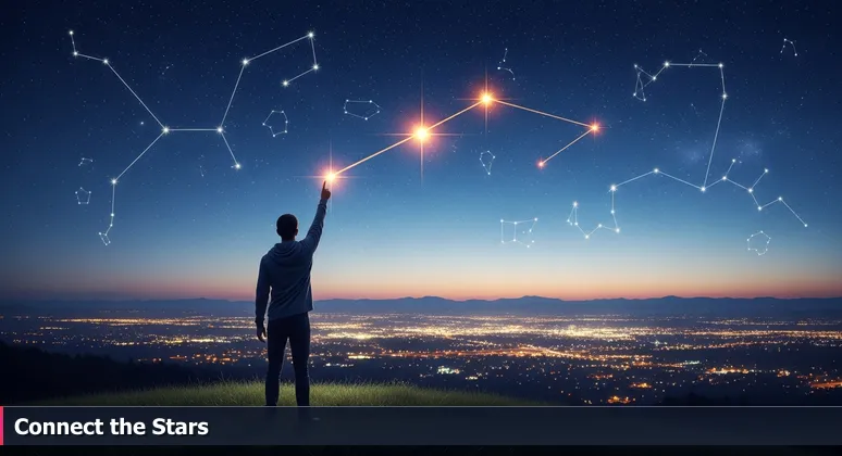 A person on a hill in Lawrence, Kansas, connecting stars in the night sky to form a constellation, symbolizing women in tech support networks.
