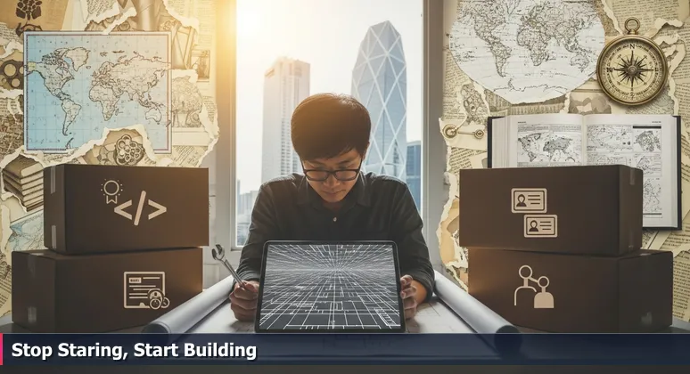 A person in a McKinney home office holds an Allen wrench while looking at a digital blueprint on a tablet, with unopened boxes labeled for AI career tools and the North Texas skyline visible through the window.