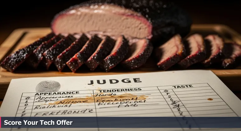 A judge's scorecard from a Texas barbecue competition with columns for appearance, tenderness, and taste, symbolizing tech compensation evaluation in McKinney.