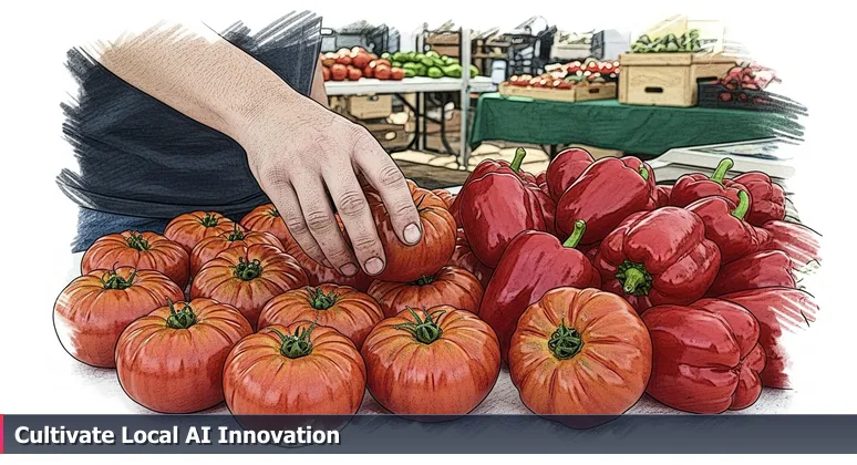 A vibrant farmer's market scene at dawn with heirloom tomatoes in wooden crates, symbolizing the unique, cultivated AI startup ecosystem in McKinney, Texas.