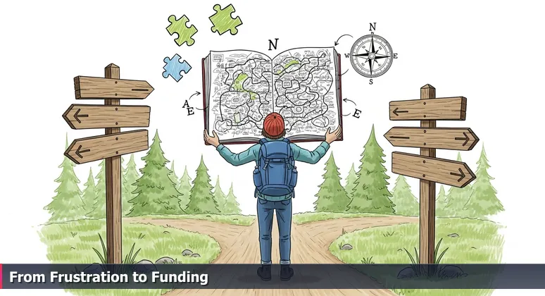 A hiker in a North Texas park looks confused at a detailed map, missing clear signposts for tech training funding options in McKinney.