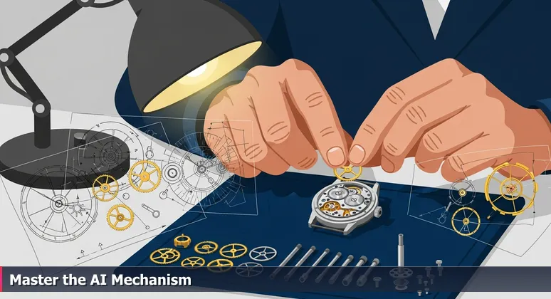 A watchmaker's hands meticulously adjusting gears, symbolizing the detailed planning required for AI career success in McKinney's 2026 job market.