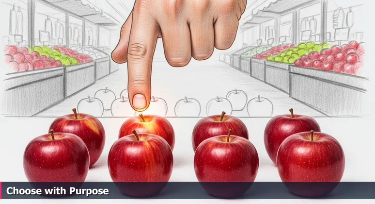 A hand hesitates over a bushel of identical red apples at McKinney Farmer's Market, symbolizing the choice of AI employers in 2026.